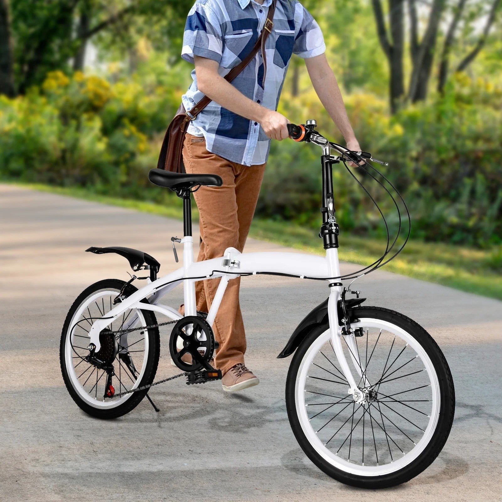 20 inch Unisex Folding Bike Adult Kids City Bike 6 Speeds V Brakes Bicycle White