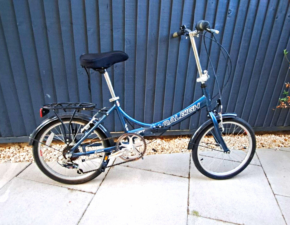 Raleigh Folding Bike 20in Blue Caliper Brakes Derailleur Rack Mudguards
