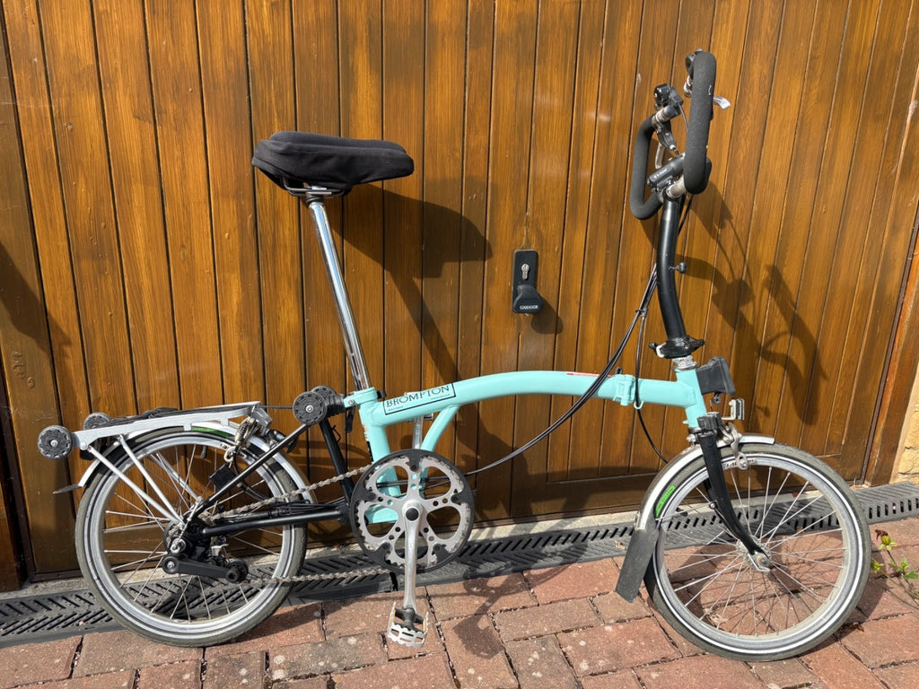 classic brompton folding bike used -mint green + accessories as shown in photos