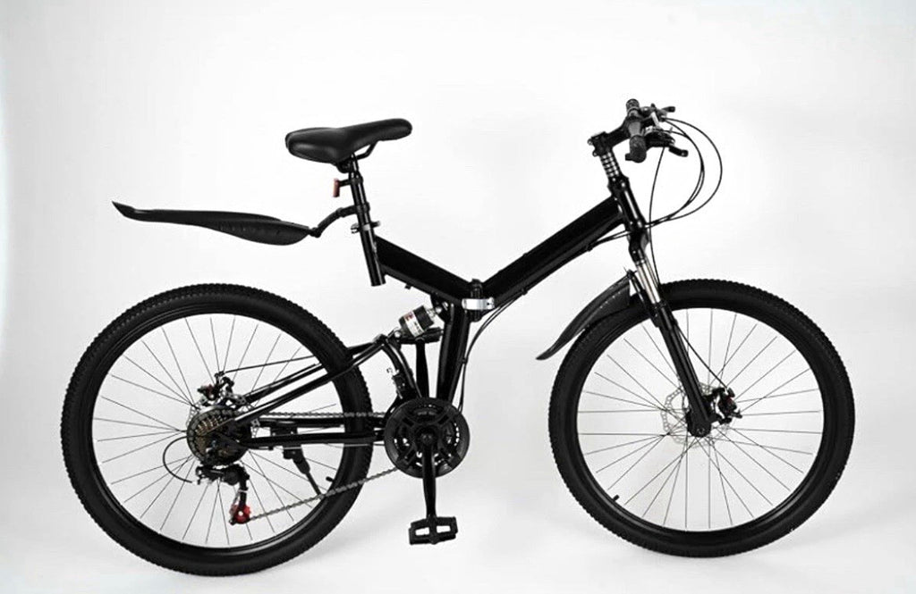 26in Folding Mountain Bike Black 21-Speed Derailleur Disc Brakes Full Suspension