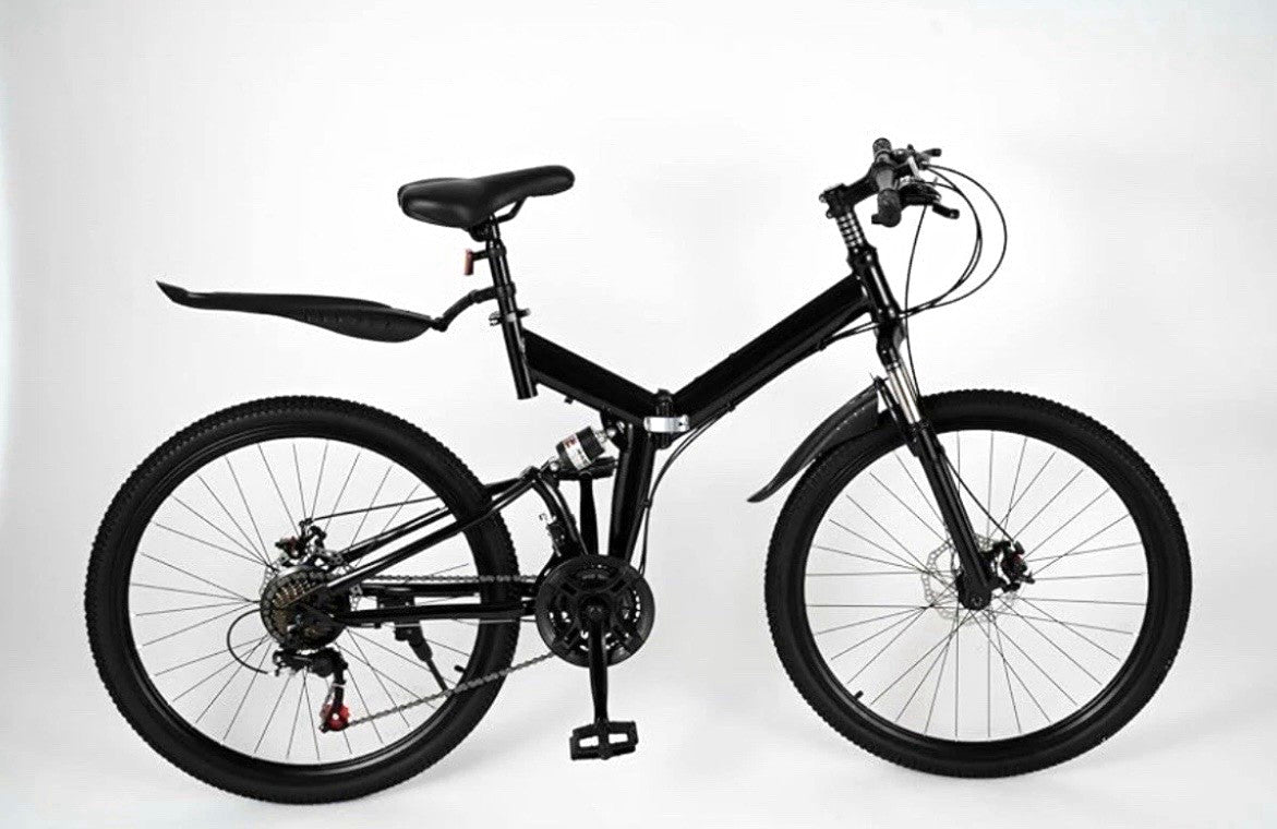 26in Folding Mountain Bike Black 21-Speed Derailleur Disc Brakes Full Suspension