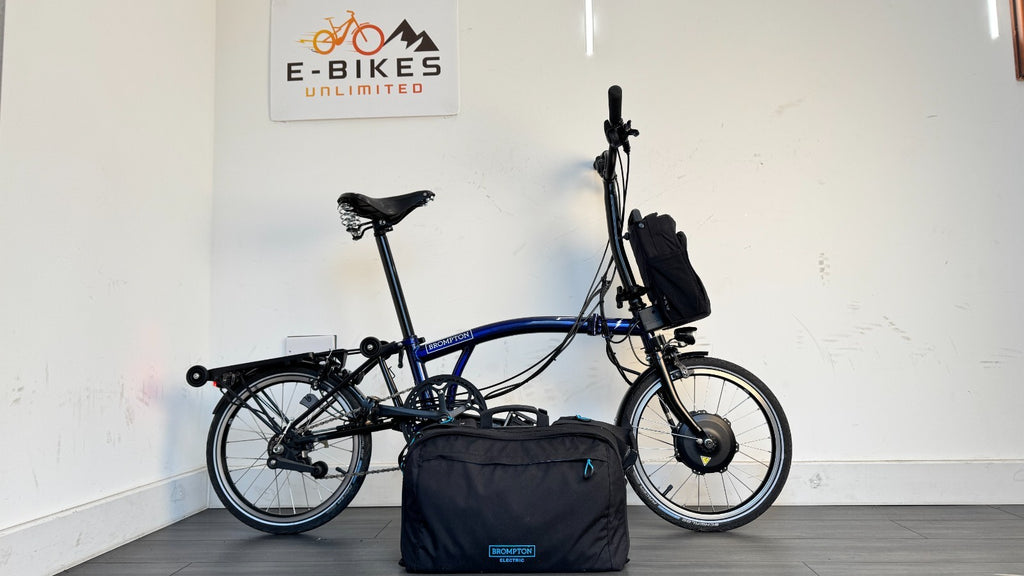 Brompton C-Line Electric 6 Speed Bolt Blue Lacquer Pannier bag Brooks saddle
