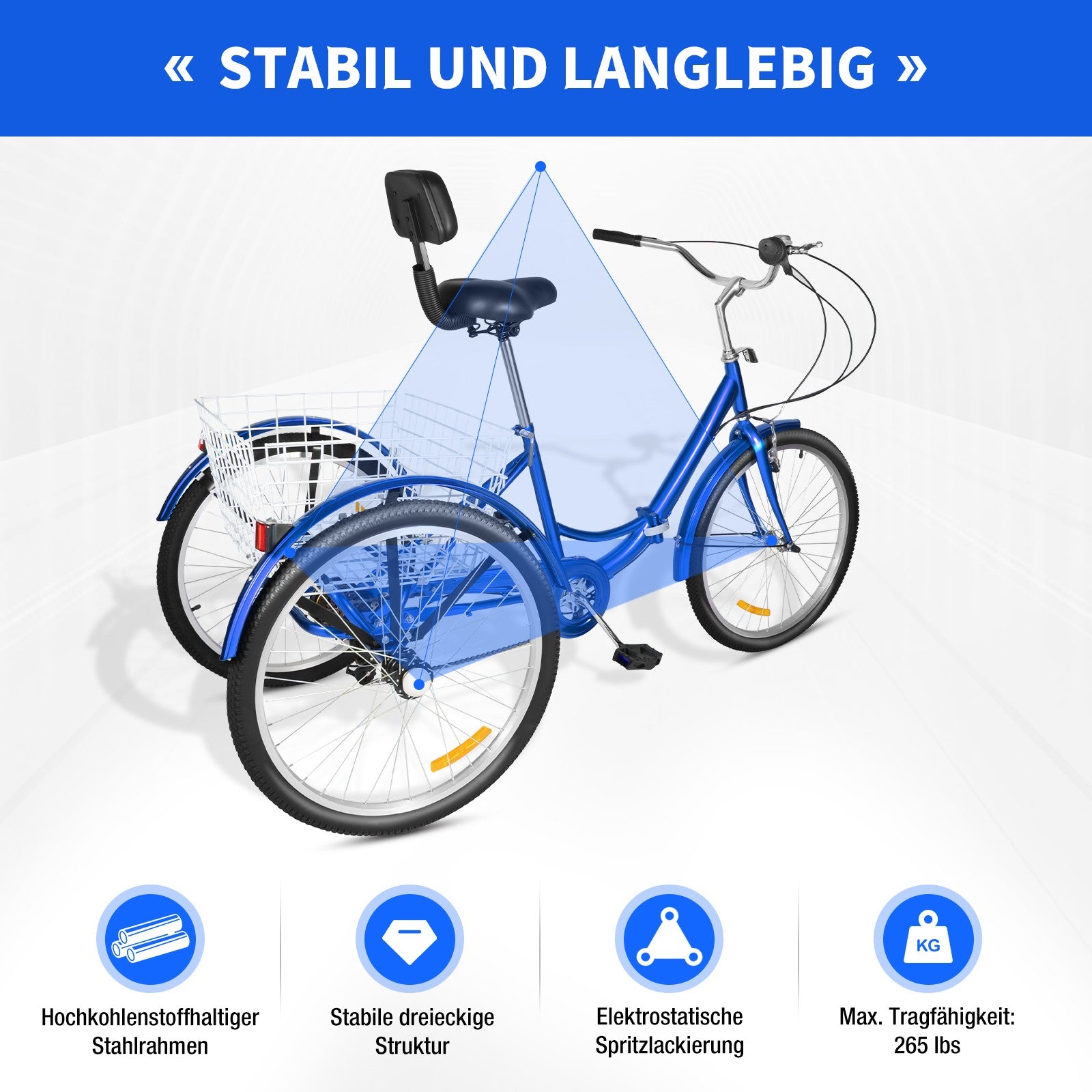 24in Blue Folding Adjustment Height Tricycle for 5.25-5.9ft Adults
