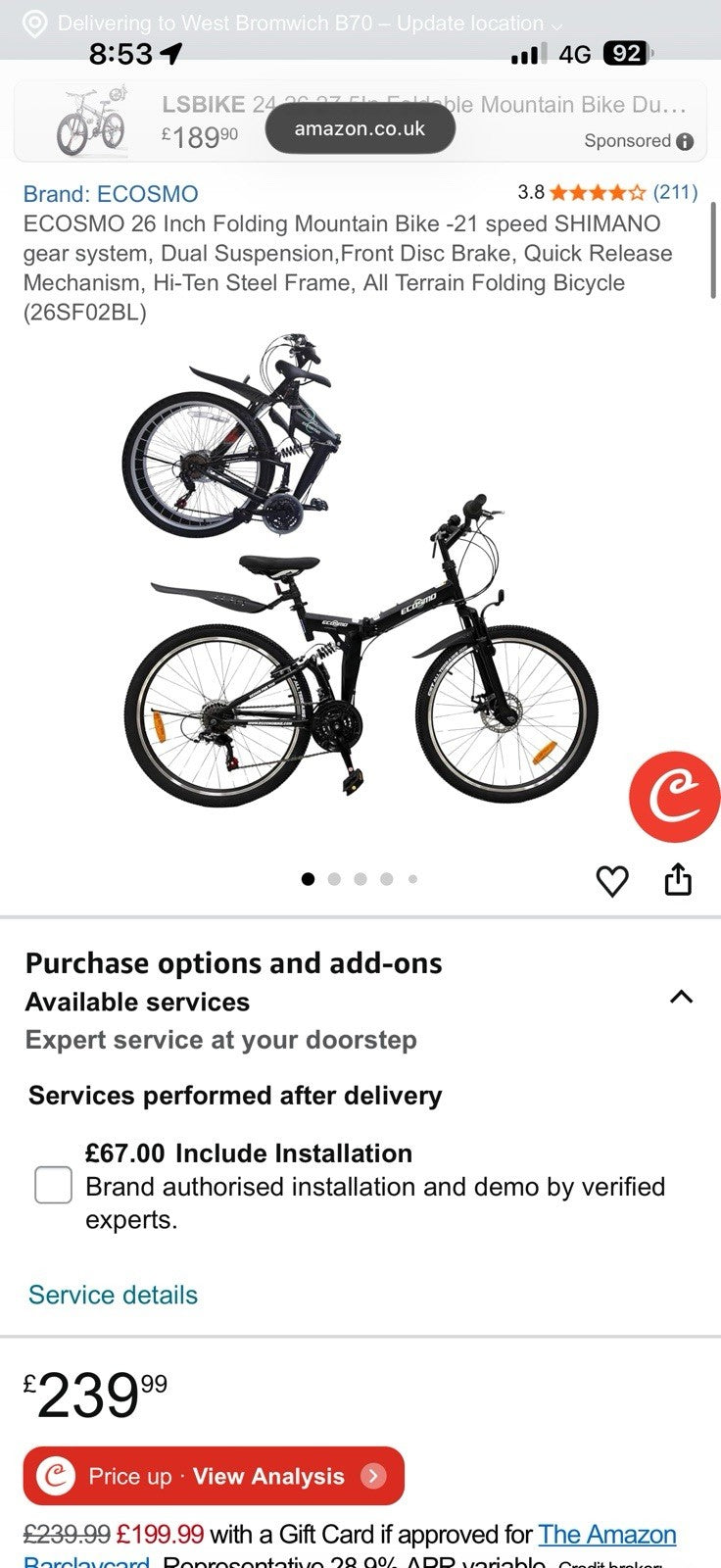 ECOSMO 26in Folding Bike 21 Speed Full Suspension Black Mechanical Disc Brakes