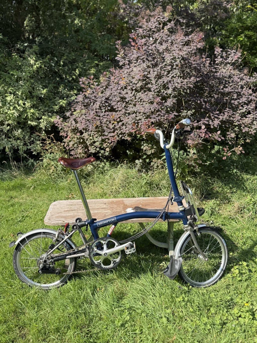 2017 Brompton Superlight folding bike H6L, Titanium, Navy Blue, Brooks Leather