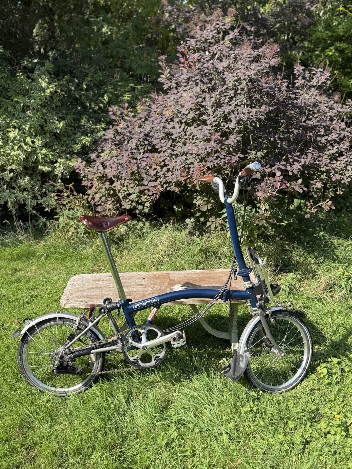 2017 Brompton Superlight folding bike H6L, Titanium, Navy Blue, Brooks Leather