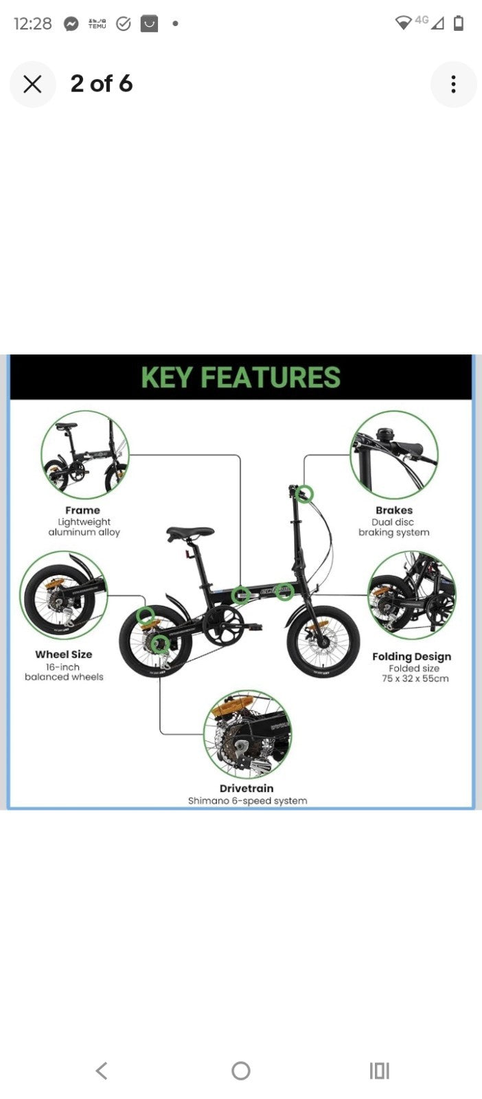 Folding Bicycle Ecosmo 16" Wheel Black Alloy 6SP Shimano Gear, DualDisc-16AF02BL