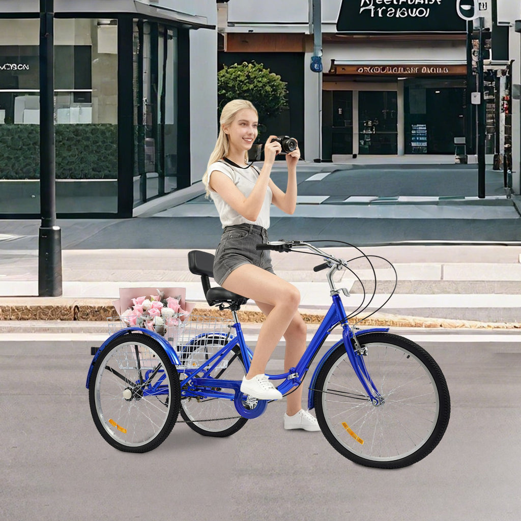 24 Inch Folding Adult Tricycle Trike Bike 7-Speeds 3-Wheel Bicycle & Back Basket