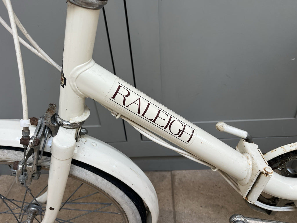 Vintage Raleigh Compact Folding Bike 20in White Mudguards Rear Rack Kickstand