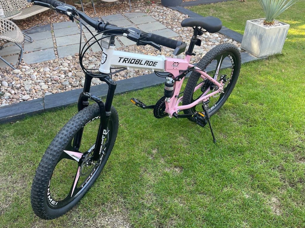 male and female folding mountain bikes - dual susp, disc brakes, multispeed