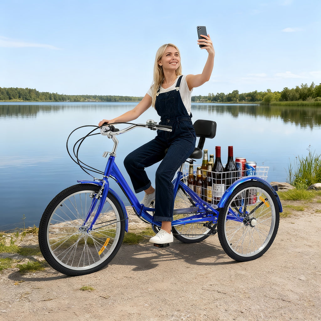 24'' Tricycle Adult Senior 7 Speed 3 Wheels Bike Foldable Trike Bicycle + Basket