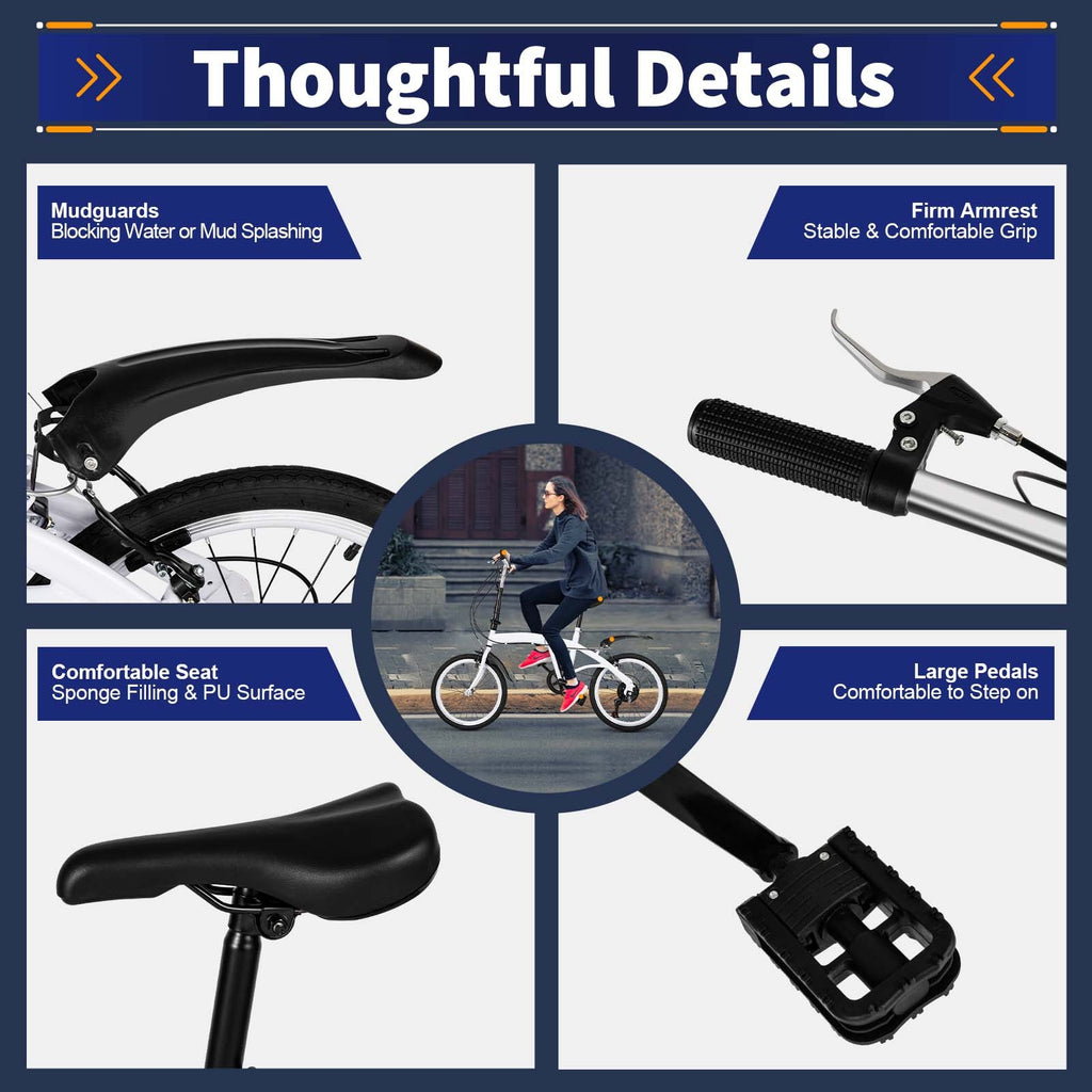 White Folding Bike Foldable City Bike for Adult 20" Commute Bicycle 6 Speed Gear