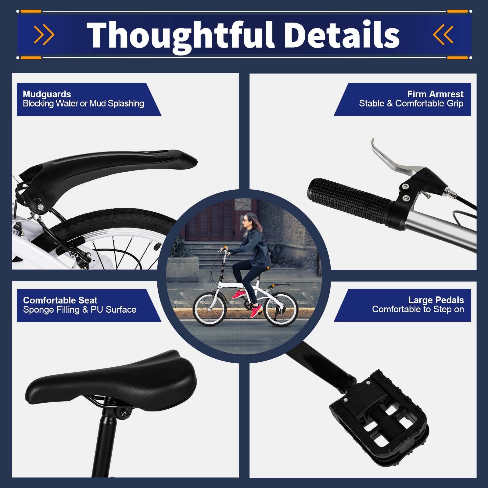 White Folding Bike Foldable City Bike for Adult 20" Commute Bicycle 6 Speed Gear