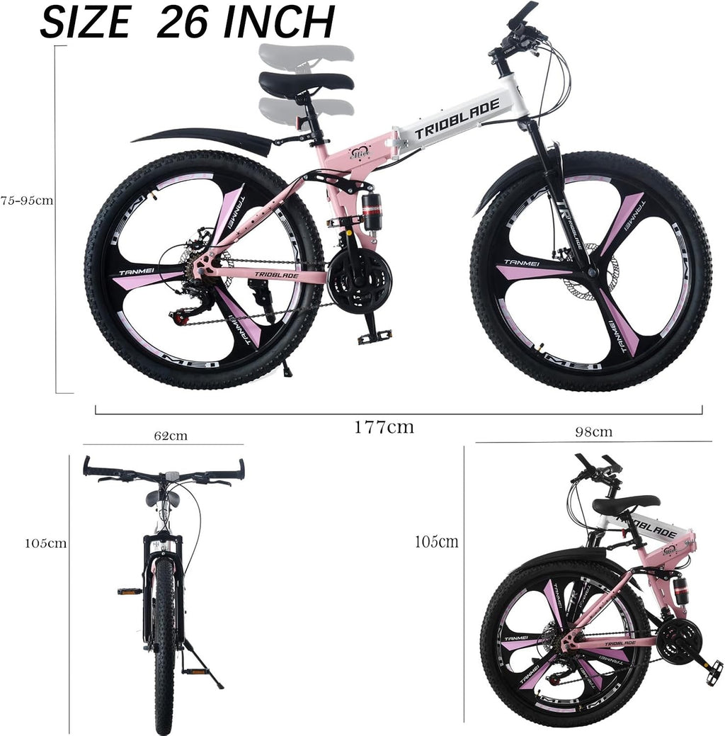 26 inch Foldable Mountain Bike 21 Speed Transmission System Adult Bike Pink