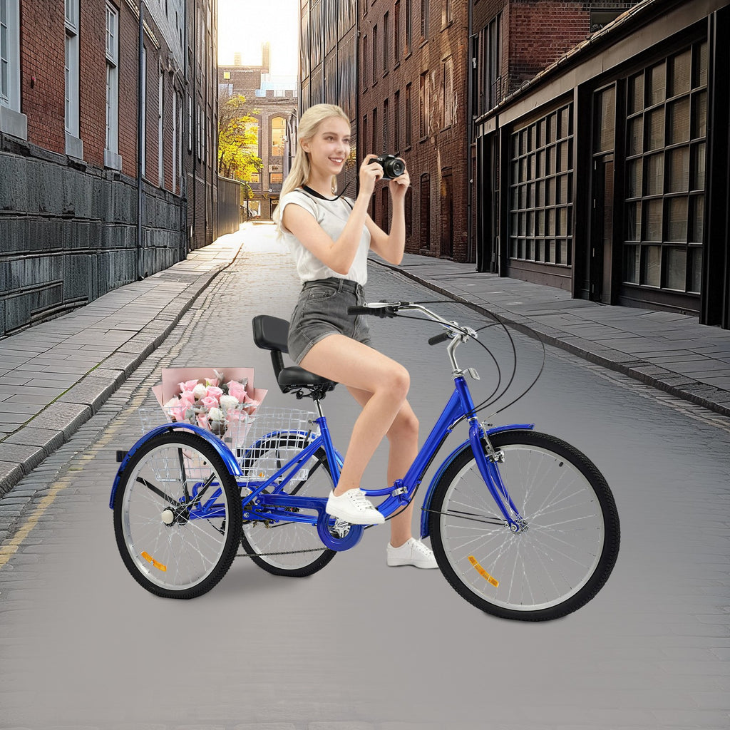 24 Inch Folding Adult Tricycle Trike Bike 7-Speeds 3-Wheel Bicycle & Back Basket
