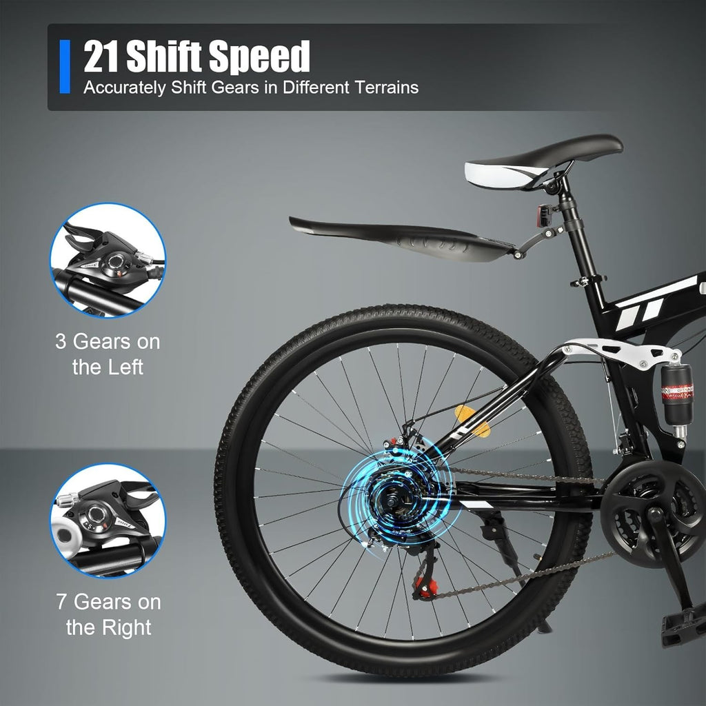 26" Folding Mountain Bike 21 Speed Steel Frame Dual Suspension MTB