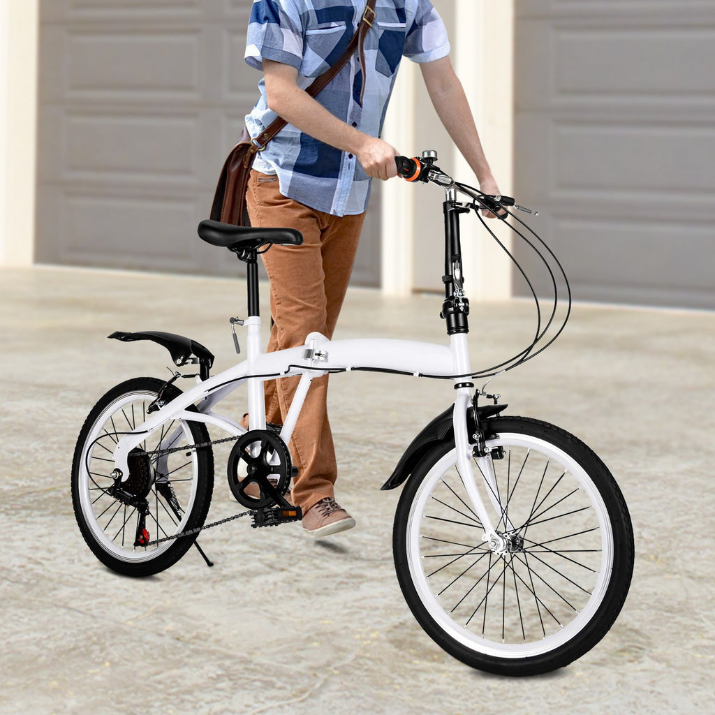White Folding Bike Foldable City Bike for Adult 20" Commute Bicycle 6 Speed Gear