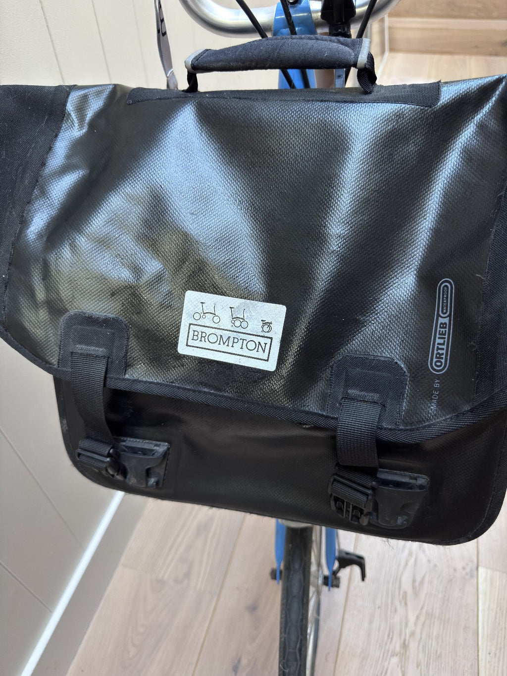 Brompton 3 speed folding bike, Brooks saddle, Ortlieb rack bag