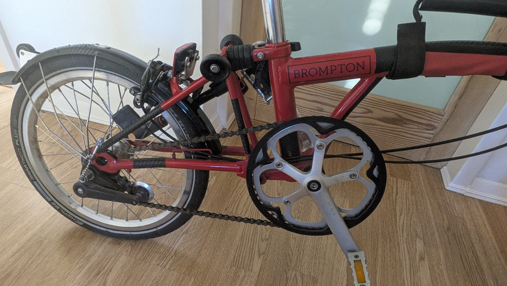 Brompton Folding Bike Red 16in Wheels Steel Frame Flat Bar Derailleur Gears