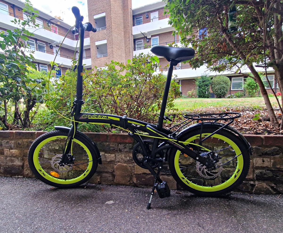BELDERIA X7 20in Folding Bike Black/Green Disc Brakes Rear Rack Mudguards