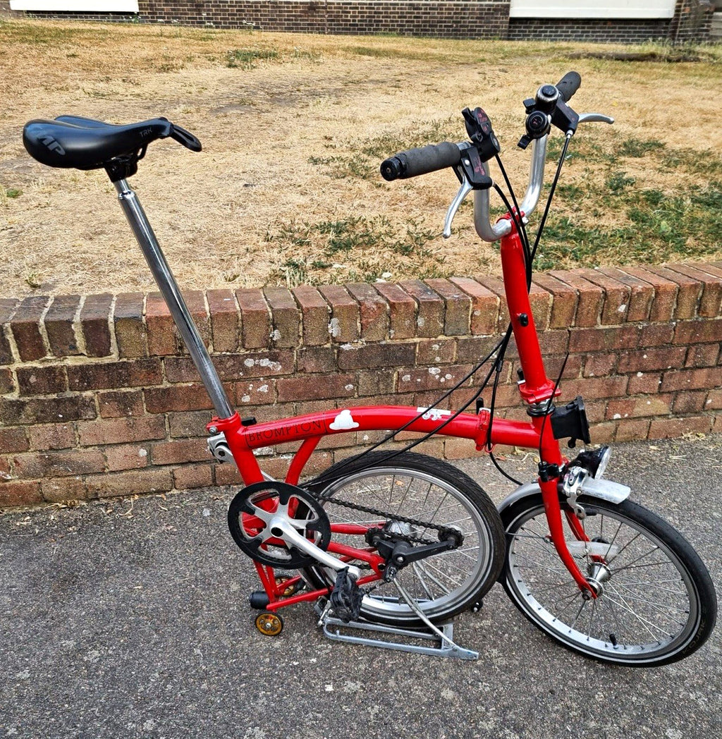 Brompton Folding Bike Red 16in Wheels Small Frame Rear Rack Mudguards Reflectors