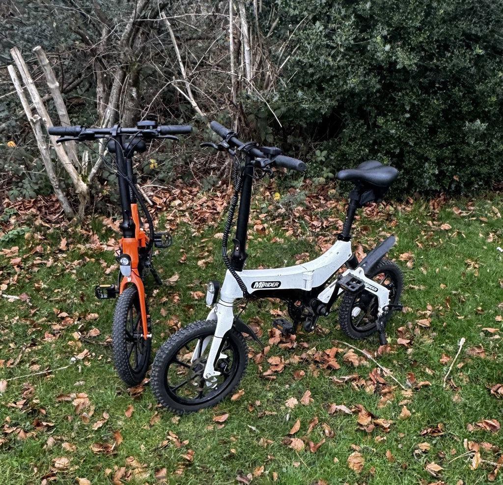 MiRider One Folding Electric Bikes Orange And White Pair.