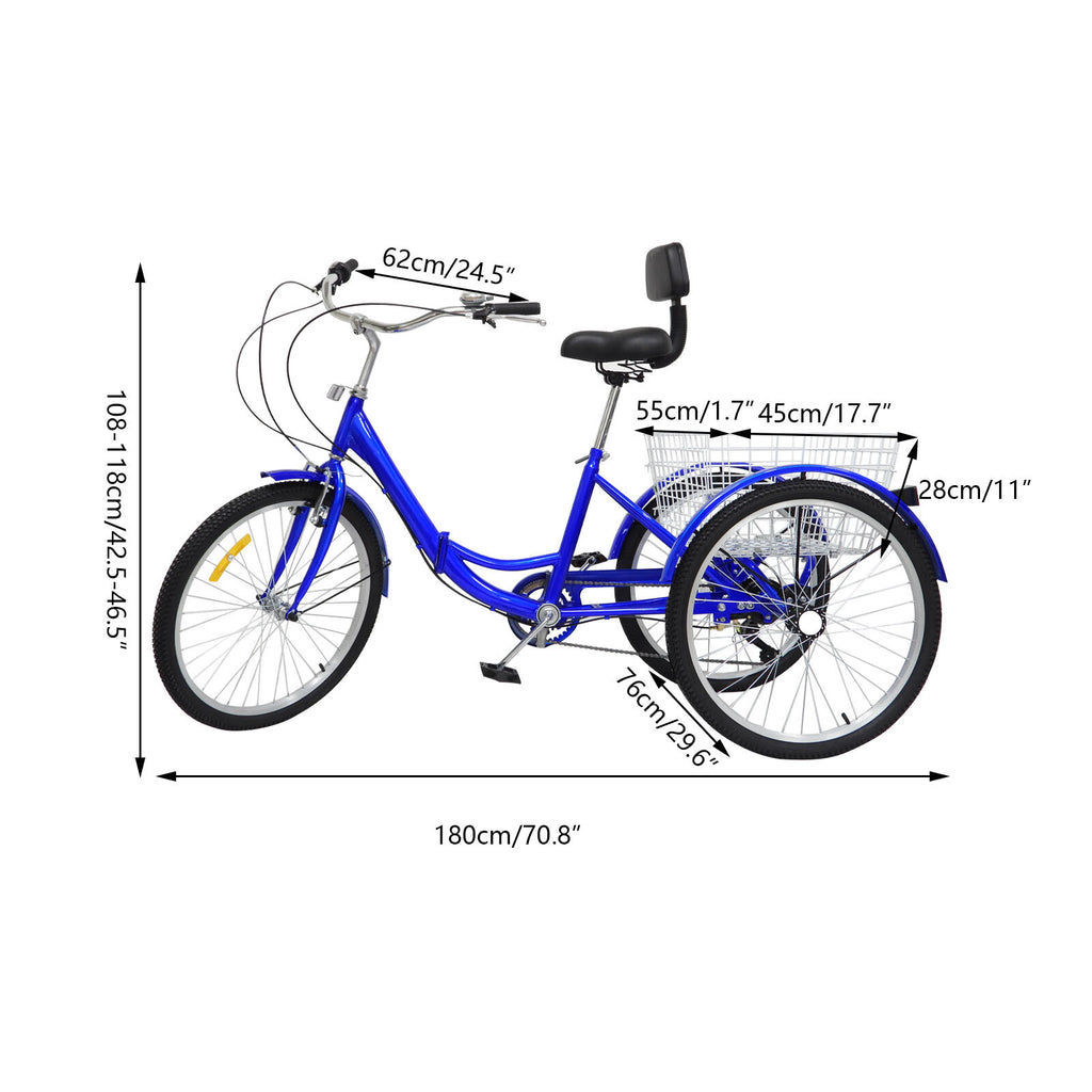 With Basket Blue UK 24 Inch Adult Trike Tricycle Foldable 3 Wheel Bike 7-Speed