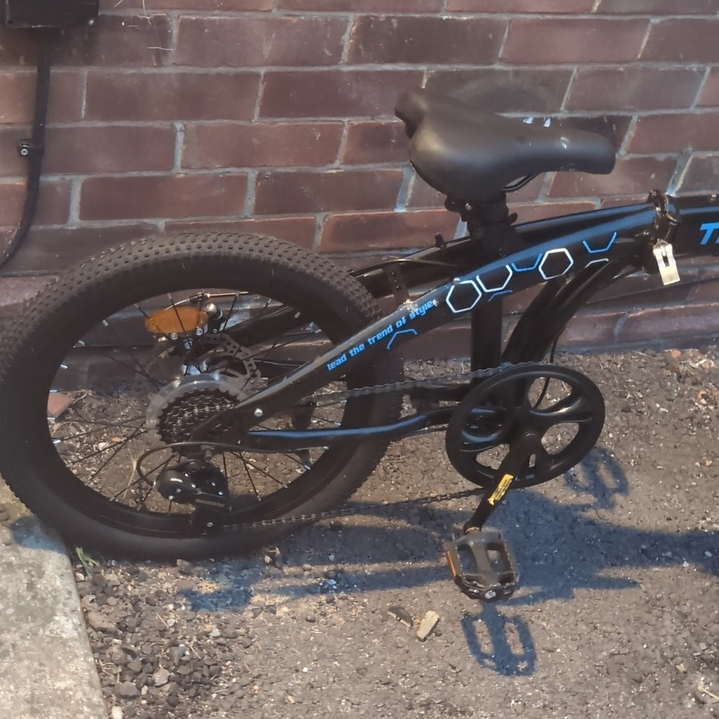 TRIOBLADE 20in Folding Bike Black/Blue 6-Speed Mechanical Disc Brake, Stand