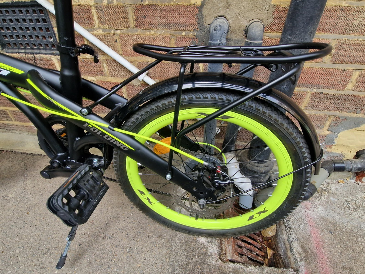 BELDERIA X7 20in Folding Bike Black/Green Disc Brakes Rear Rack Mudguards