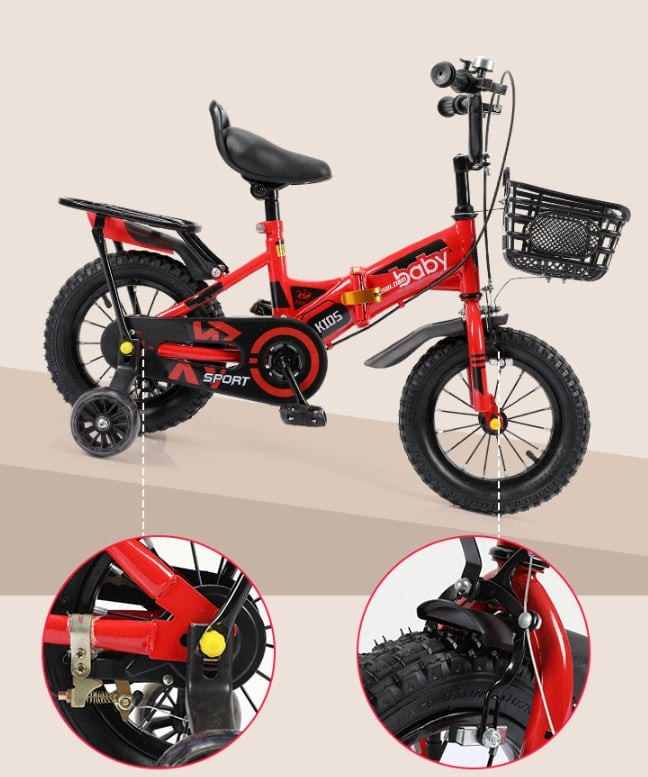 12/14/16/18/20 inch Kids folding bike cycle + Removable Rack & Basket - RED