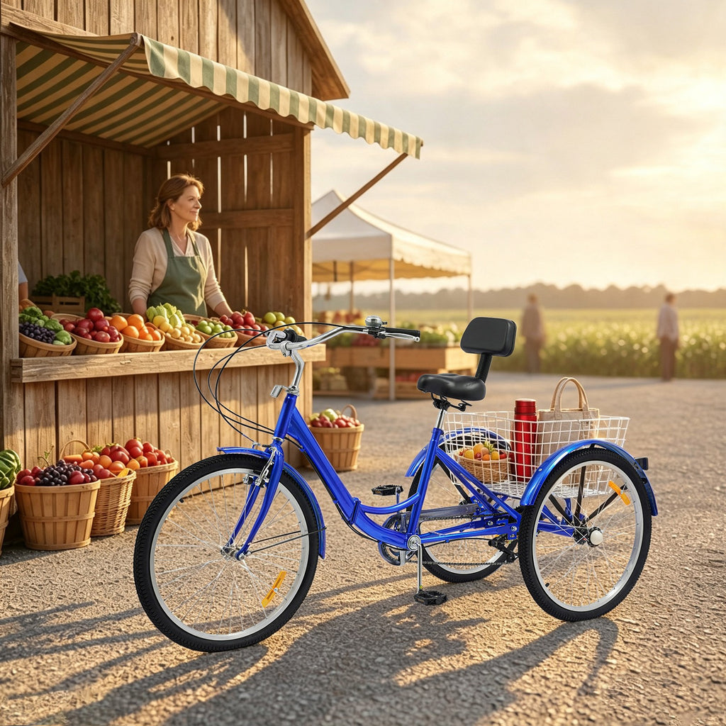 24in Blue Folding Adjustment Height Tricycle for 5.25-5.9ft Adults