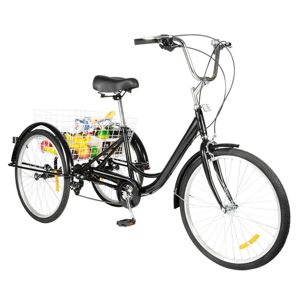 24 Inch Adult Tricycle Bike 8 Speed Trike 3-Wheel Bicycle w/Folding Back &Basket