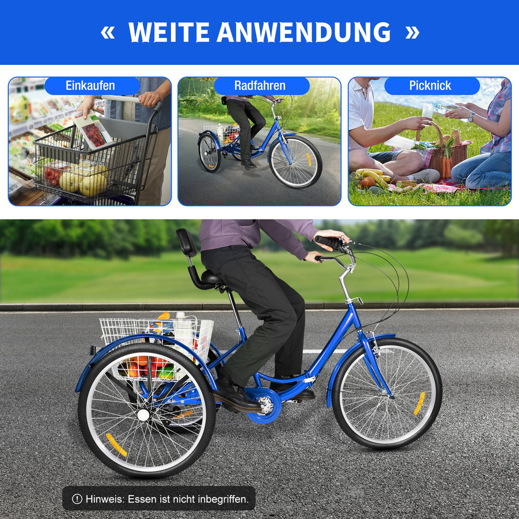 24'' Tricycle Adult Senior 7 Speed 3 Wheels Bike Foldable Trike Bicycle + Basket
