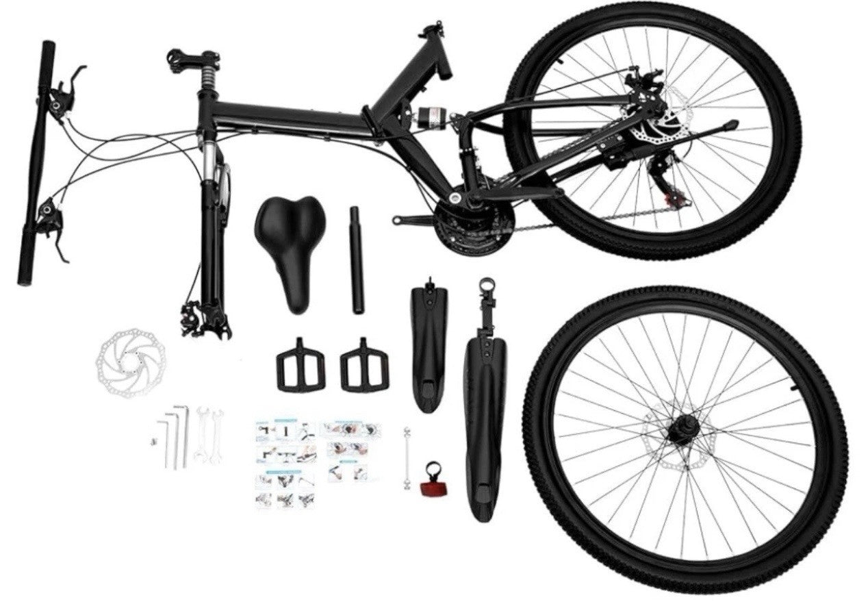 26in Folding Mountain Bike Black 21-Speed Derailleur Disc Brakes Full Suspension