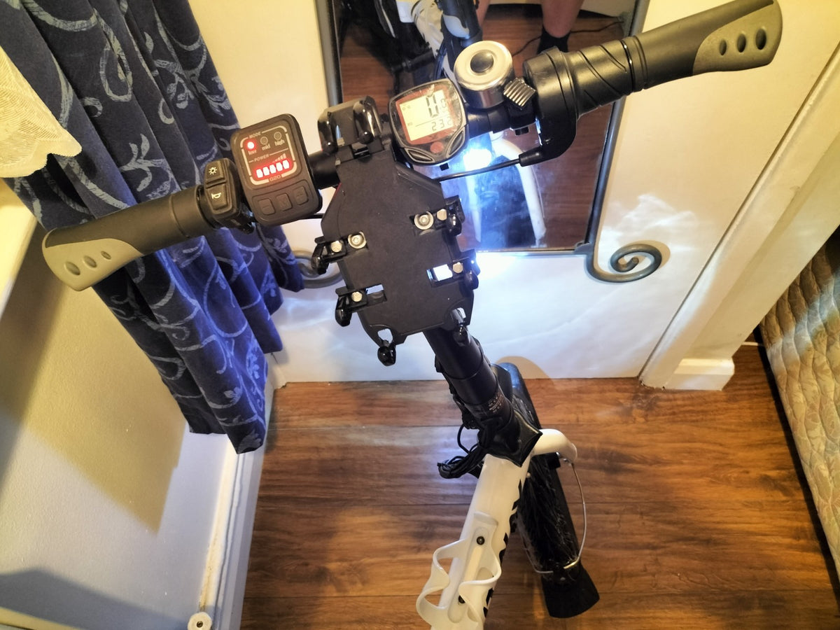 Lightweight Powered Bike Foldable Black/White+Lights+Suspension Seat+Rear Rack