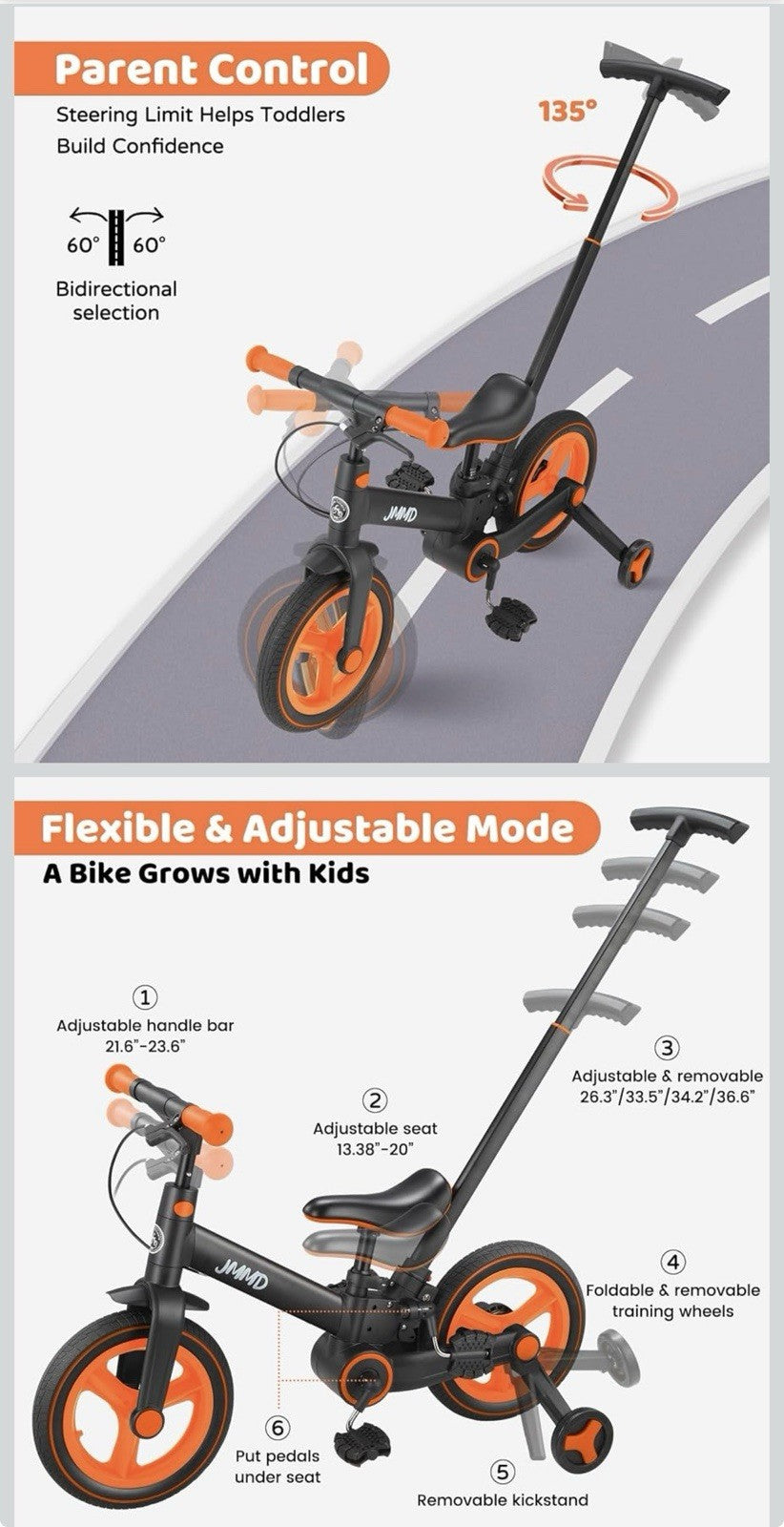 JMMD 6-in-1 Toddler Bike for 18MONTHS-5YEARS Convertible and Foldable Bike