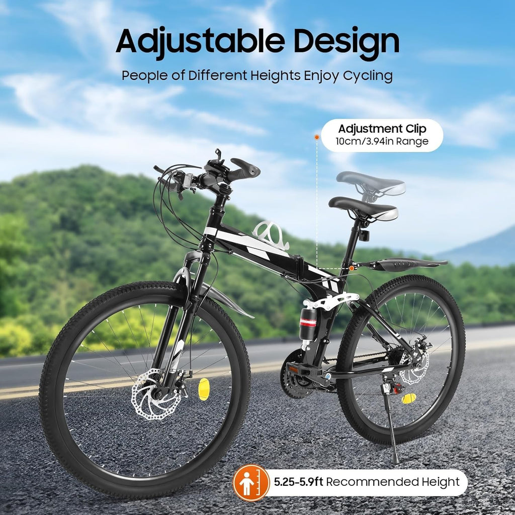 26" Folding Mountain Bike 21-Speed Dual Disc Brakes Full Suspension MTB