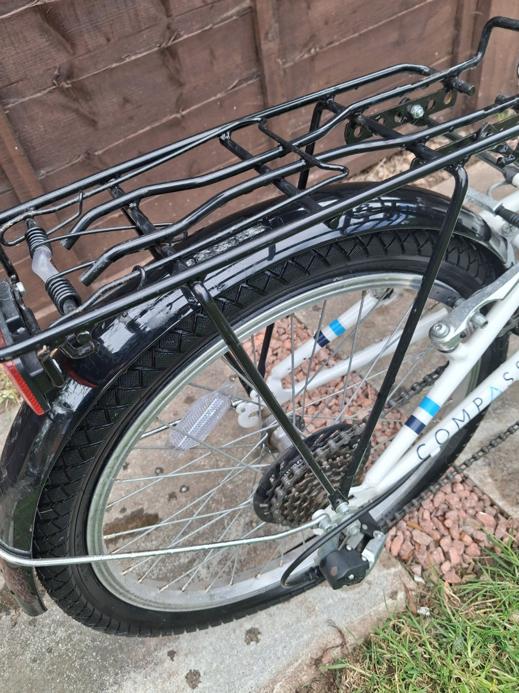 Compass Folding Bikes 20" Blue White 6 Speed Shimano V-Brake Mudguards Rack