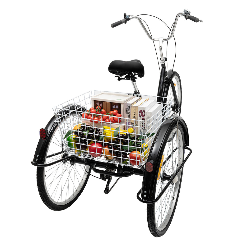 24 Inch Adult Tricycle Bike 8 Speed Trike 3-Wheel Bicycle w/Folding Back &Basket