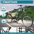 24 Inch Adult Tricycle Bike 8 Speed Trike 3-Wheel Bicycle w/Folding Back &Basket
