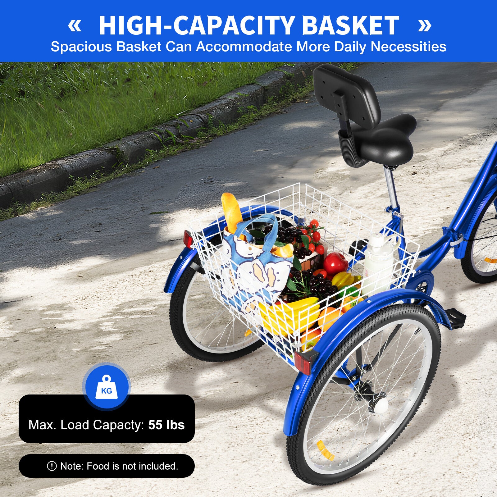 24 Inch Adult Trike Tricycle Foldable 3 Wheel Bike 7-Speed With Storage Basket