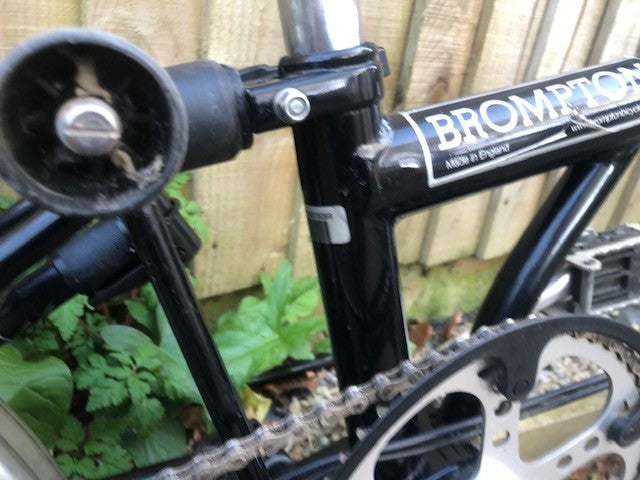 Brompton Black 3 speed folding bike with rear rack and P type handle bars