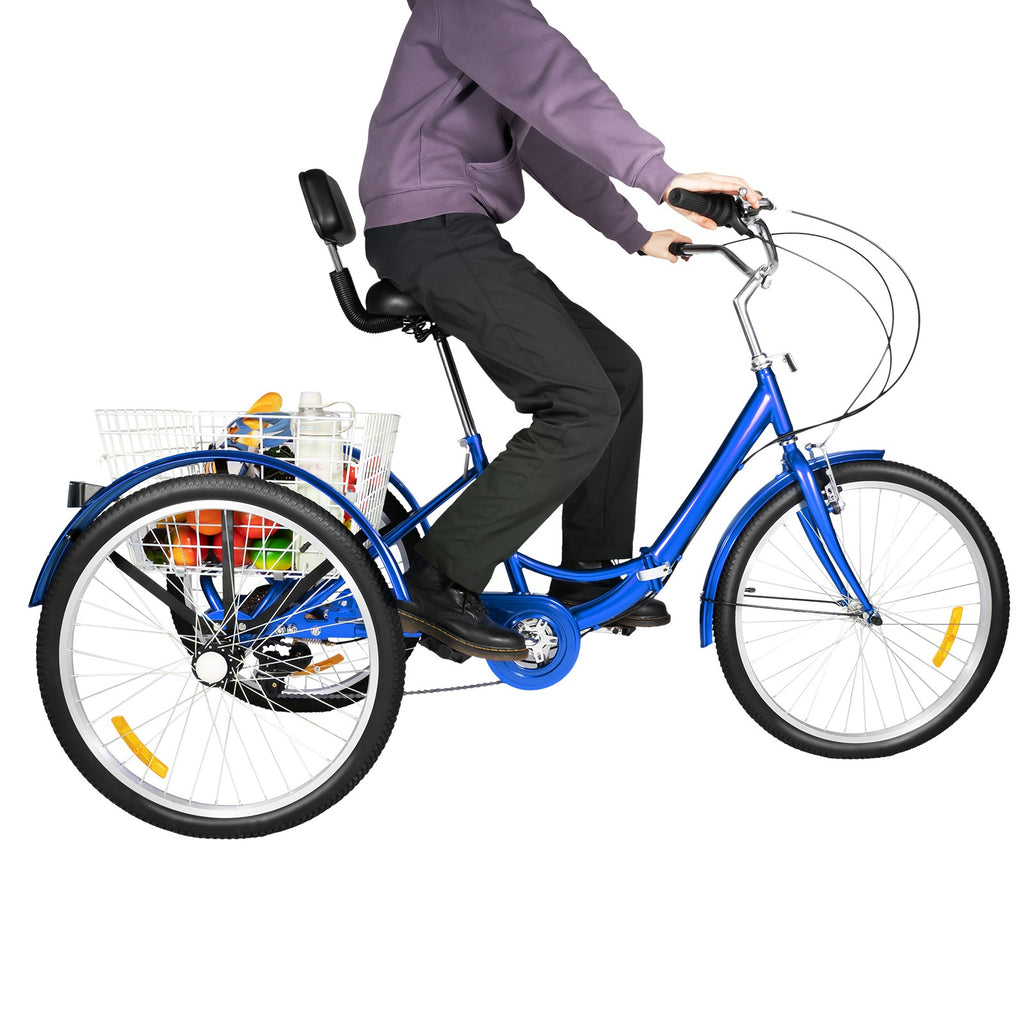 24 inch Adult Trike Tricycle 7 Speed 3 Wheels Bike Foldable with Basket Blue UK