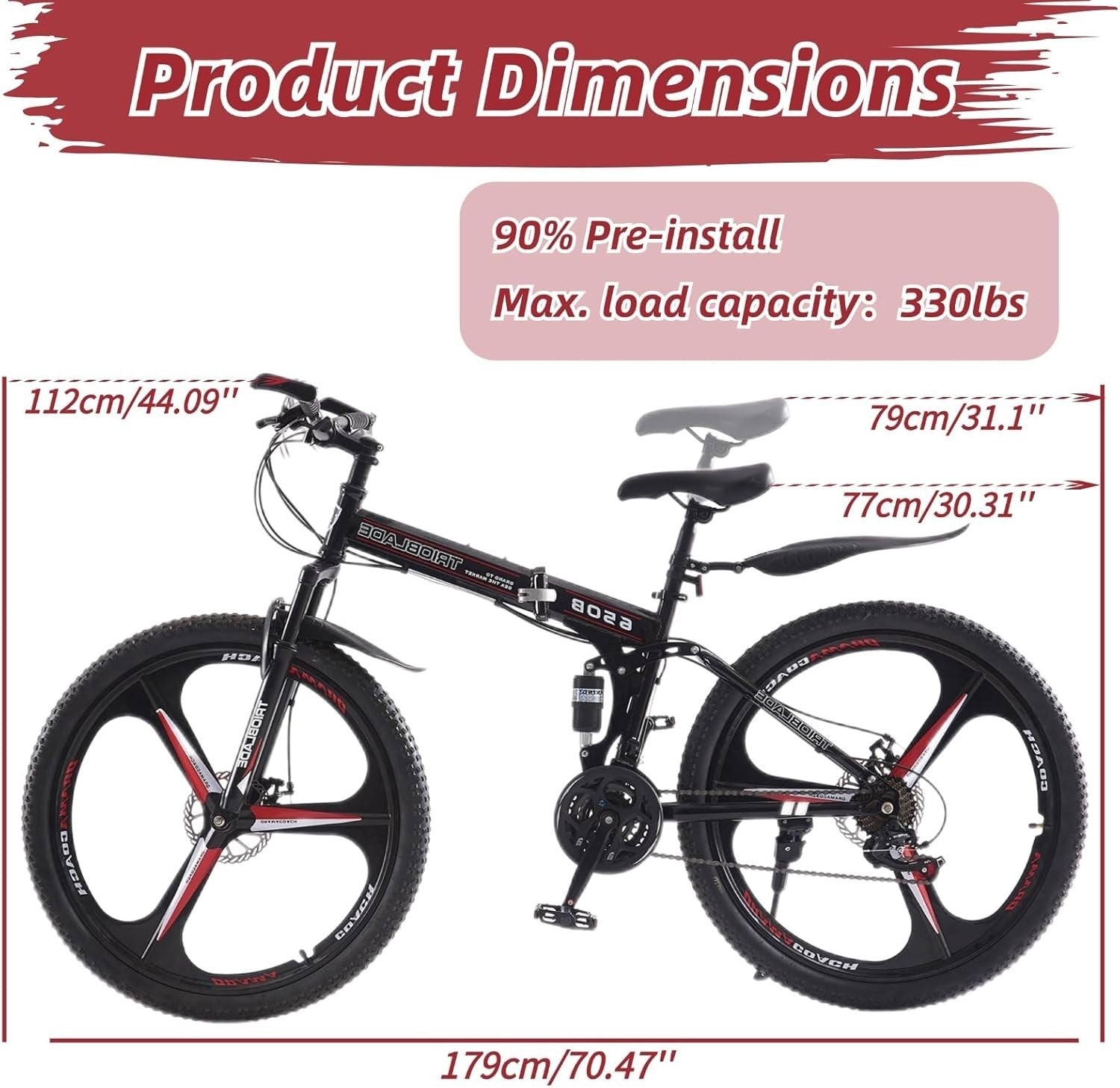 27.5" BlackRed Foldable Mountain Bike 21-Speed Dual Suspension Lightweight MTB