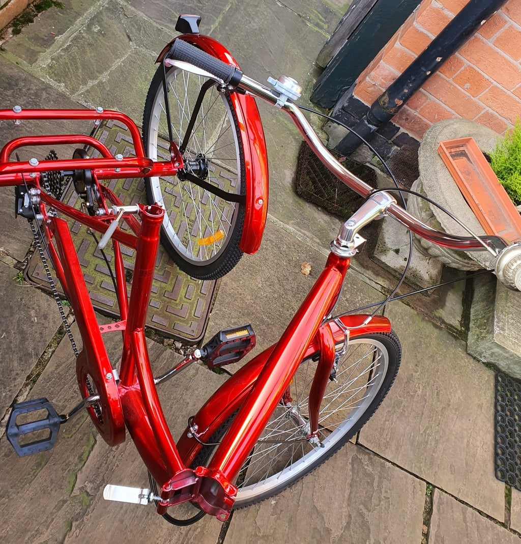Brand NEW NEVER RIDDEN Adult RED Folding Tricycle. Basket & 7 Derailleur Gears.