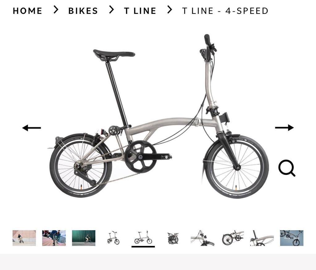 Brompton T Line Folding Bike 4-Speed 16in Wheels Titanium Blasted Titanium