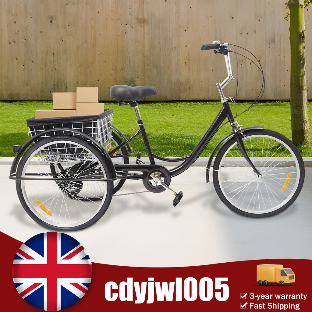 24 Inch Adult Tricycle Trike Bike 8-Speeds 3-Wheel Bicycle & Folding Back Basket