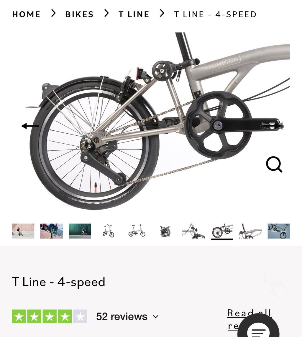 Brompton T Line Folding Bike 4-Speed 16in Wheels Titanium Blasted Titanium