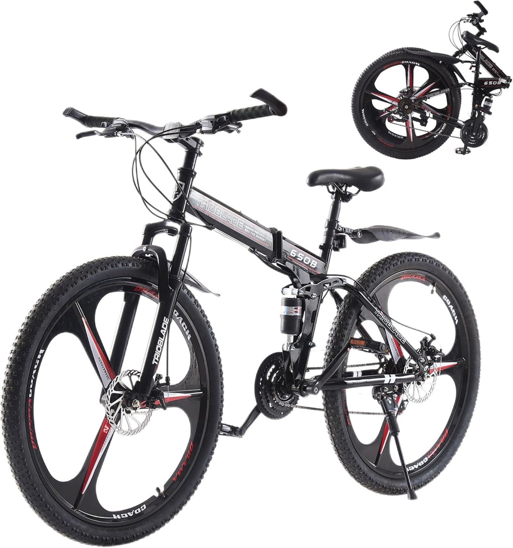27.5" BlackRed Foldable Mountain Bike 21-Speed Dual Suspension Lightweight MTB