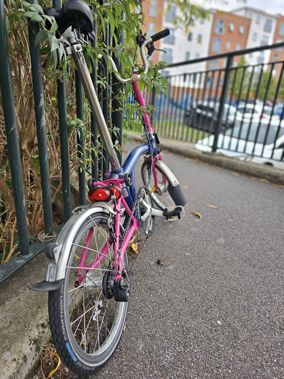 Brompton  c line 2012 Folding Bike 16 in M Frame Blue/Pink Mudguards lights